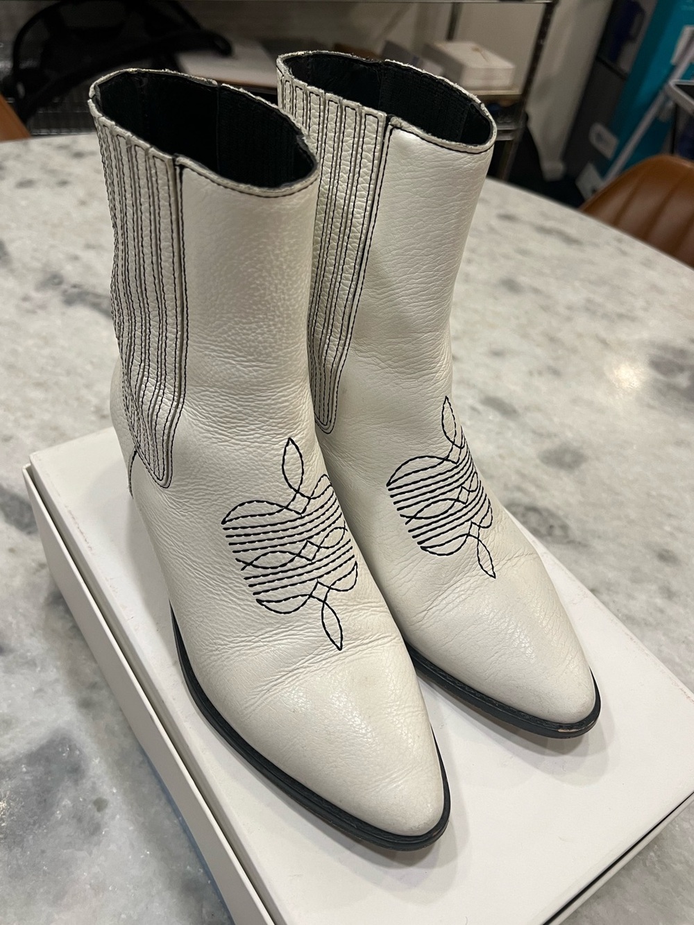 Zadig & Voltaire White Leather Western Ankle Boots with Black Stitching